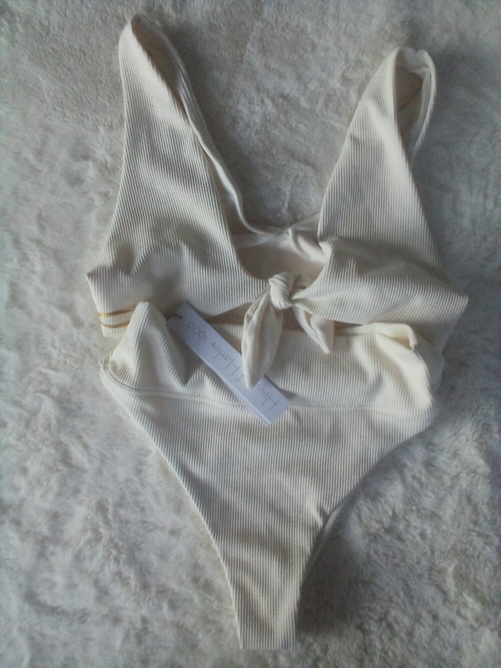 House of Harlow 1960 2PC Ribbed Cream High Waist Thong Bikini (S) NWT
